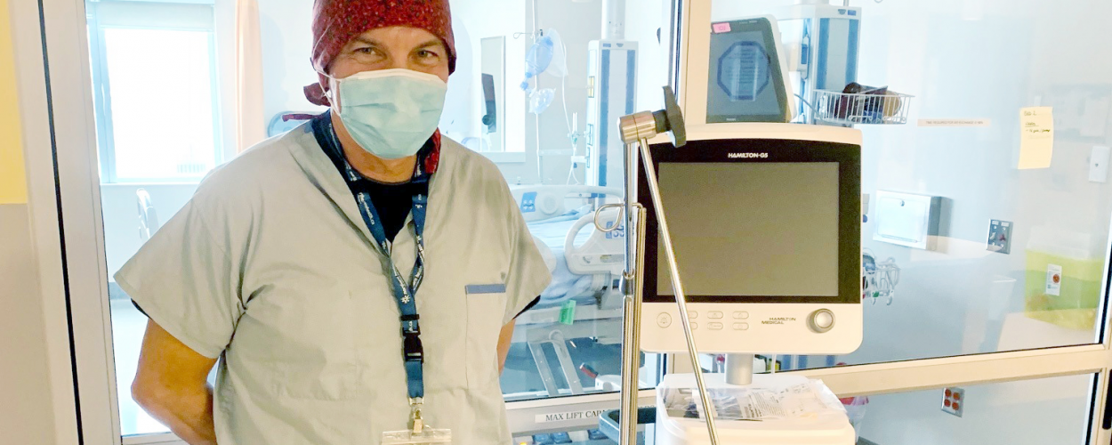 Fort St John Hospital ICU Nurse Mark Minuhin with TB Vets funded ventilator