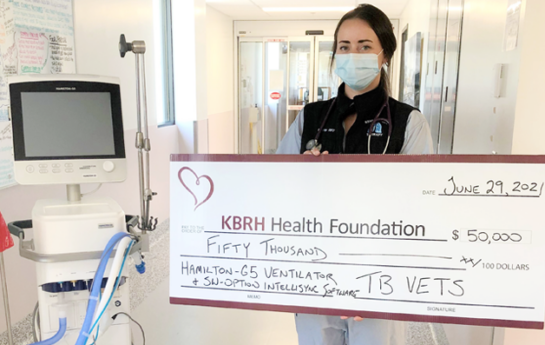 Respiratory Therapist Stacey Cooper with a with ventilator from TB Vets, Kootenay Boundary Regional Hospital (KBRH)