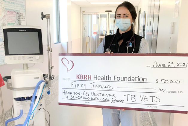 Respiratory Therapist Stacey Cooper with a with ventilator from TB Vets, Kootenay Boundary Regional Hospital (KBRH)